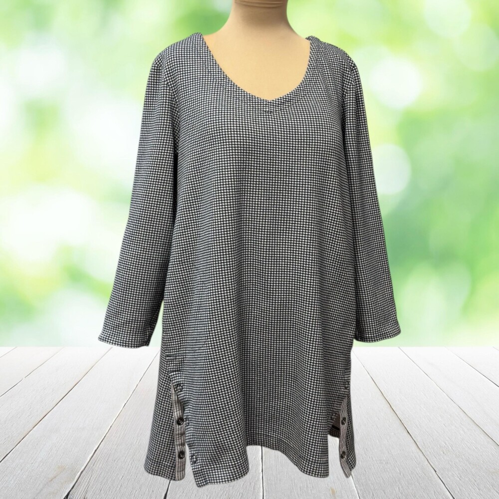 J JILL Lagenlook Tunic Top Black White Gingham Cotton Modal Side Snap Petite XL - Picture 5 of 12